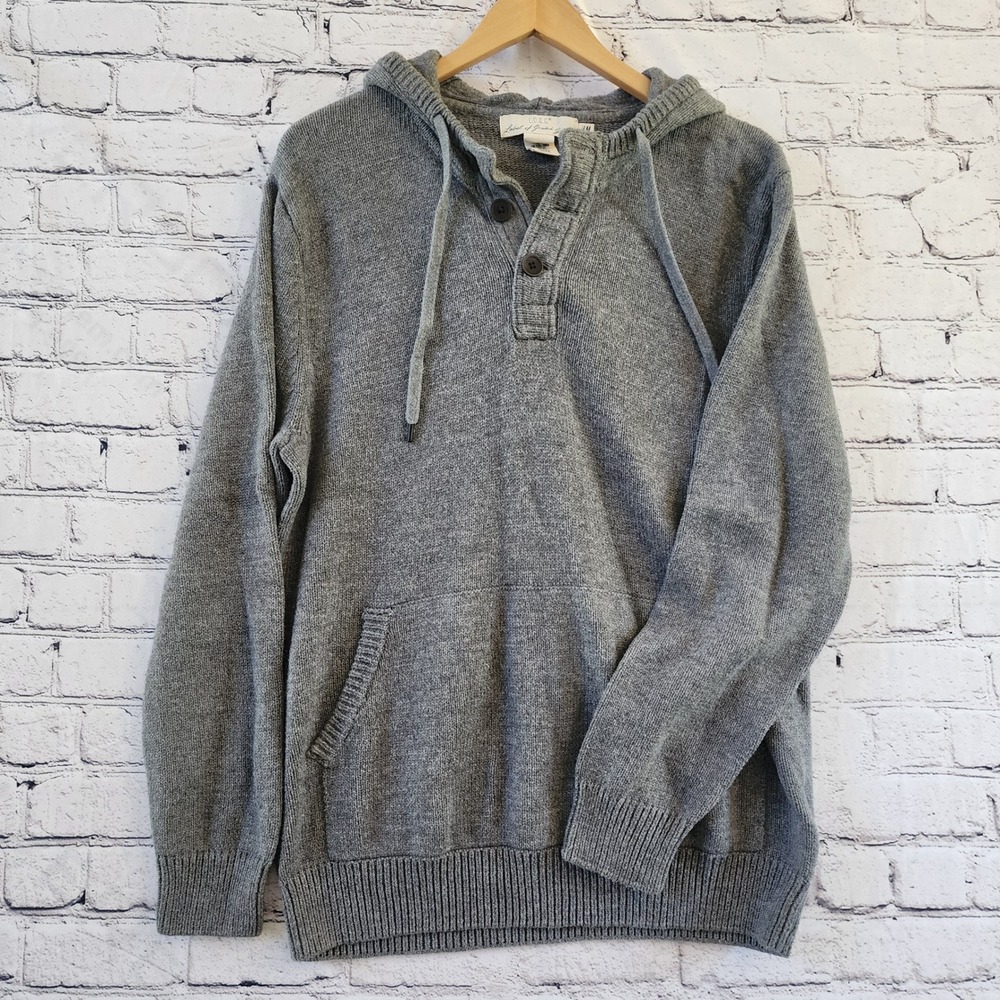 H & M LOGG Men's Medium Gray Cotton Knit Henley Hoodie Sweater